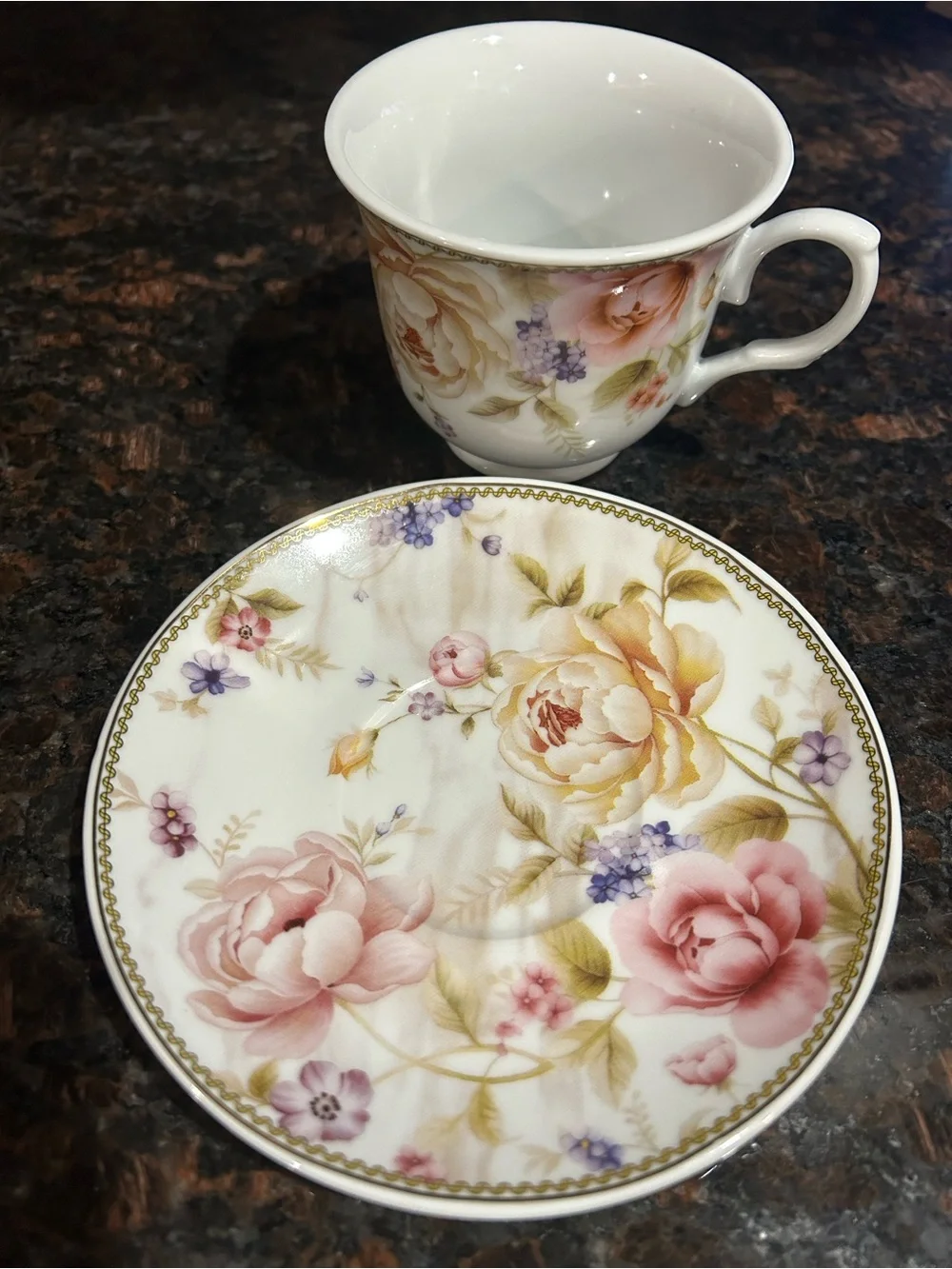 Elegant Floral Porcelain Tea Cup and Saucer - Pink and Cream